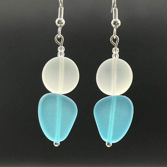 Artisan Jewelry - Sea Glass Earrings Turquoise Blue and White Handmade